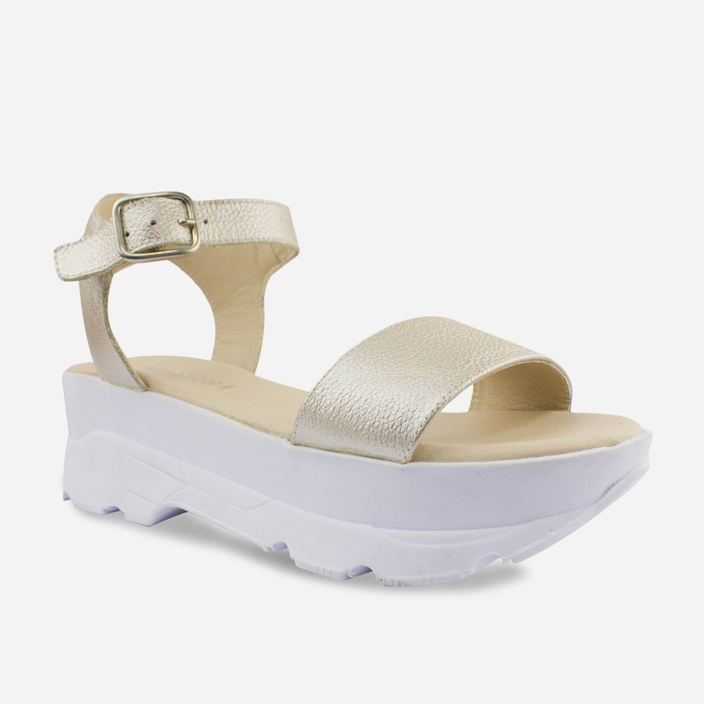 Sandalia chunky llaru de cuero para mujer - Champaña