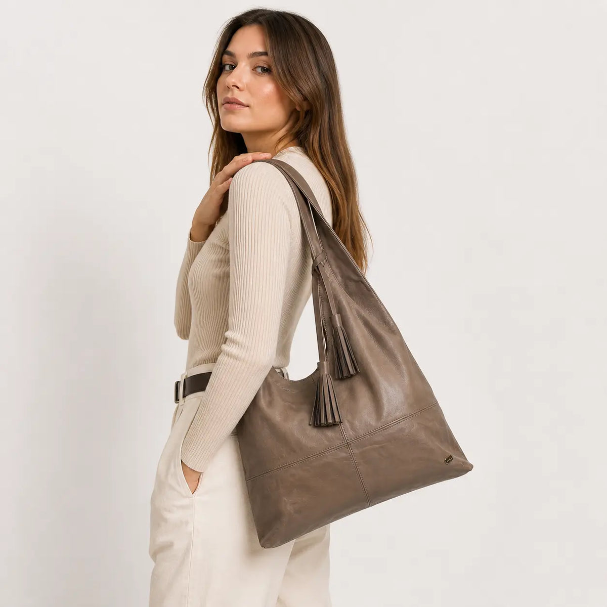 Cartera brina de cuero para mujer - Taupe