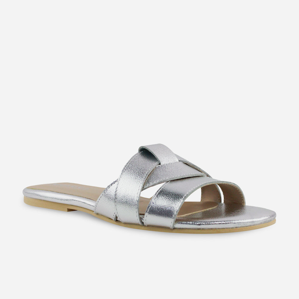 Sandalia plana glasgow de cuero para mujer - Plata