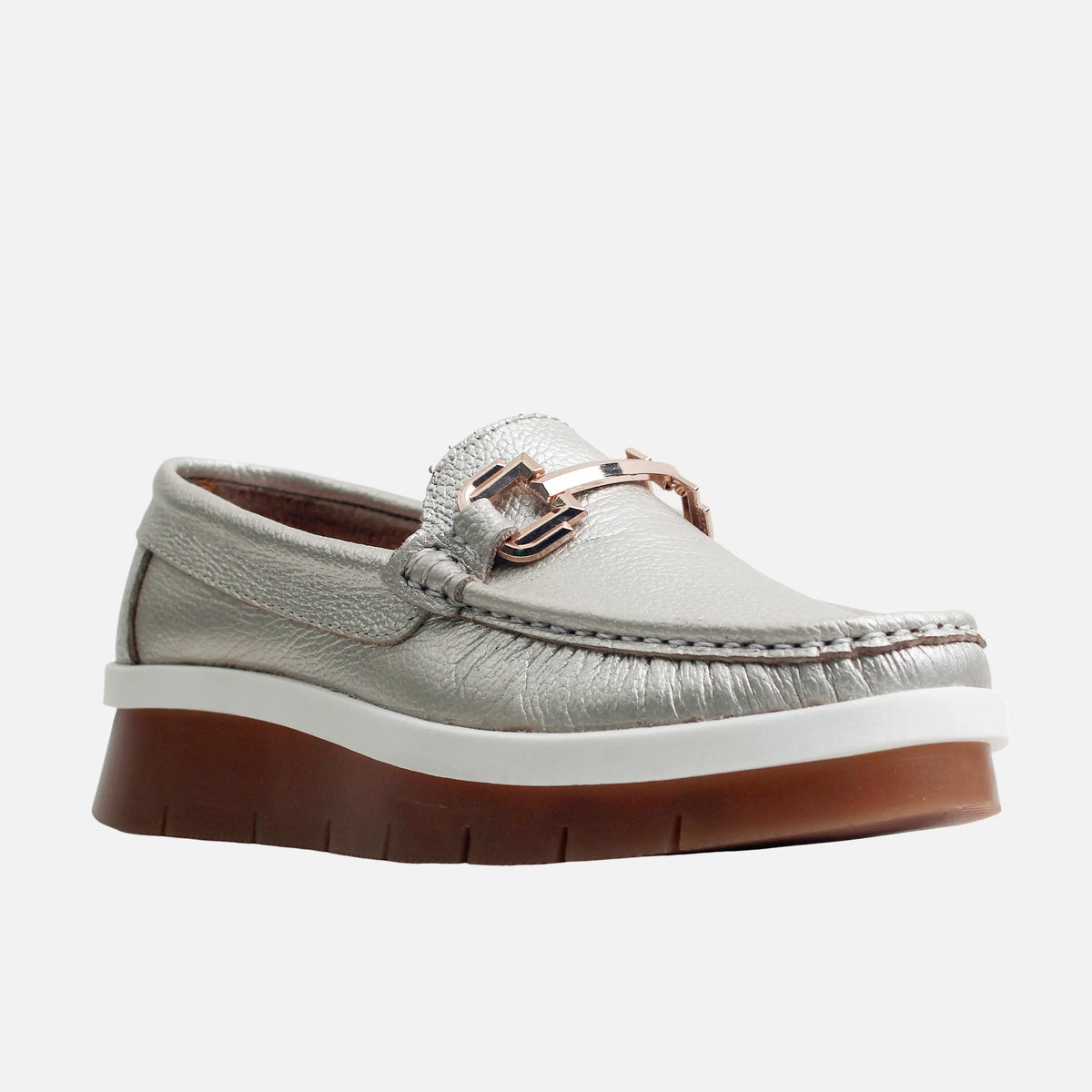 Mocasin plataforma marena de cuero para mujer - Oro