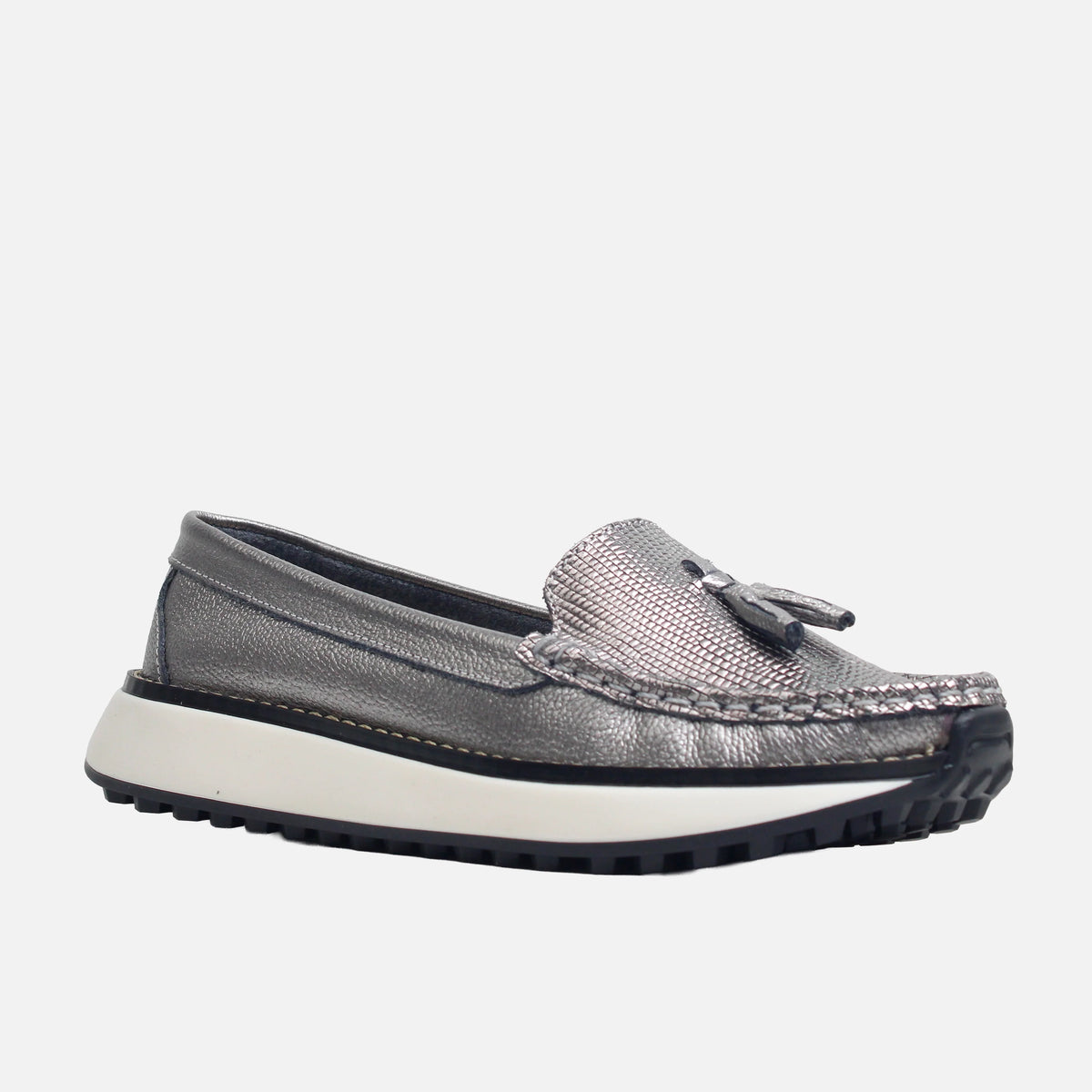 Mocasin plataforma carina de cuero para mujer - Plateado