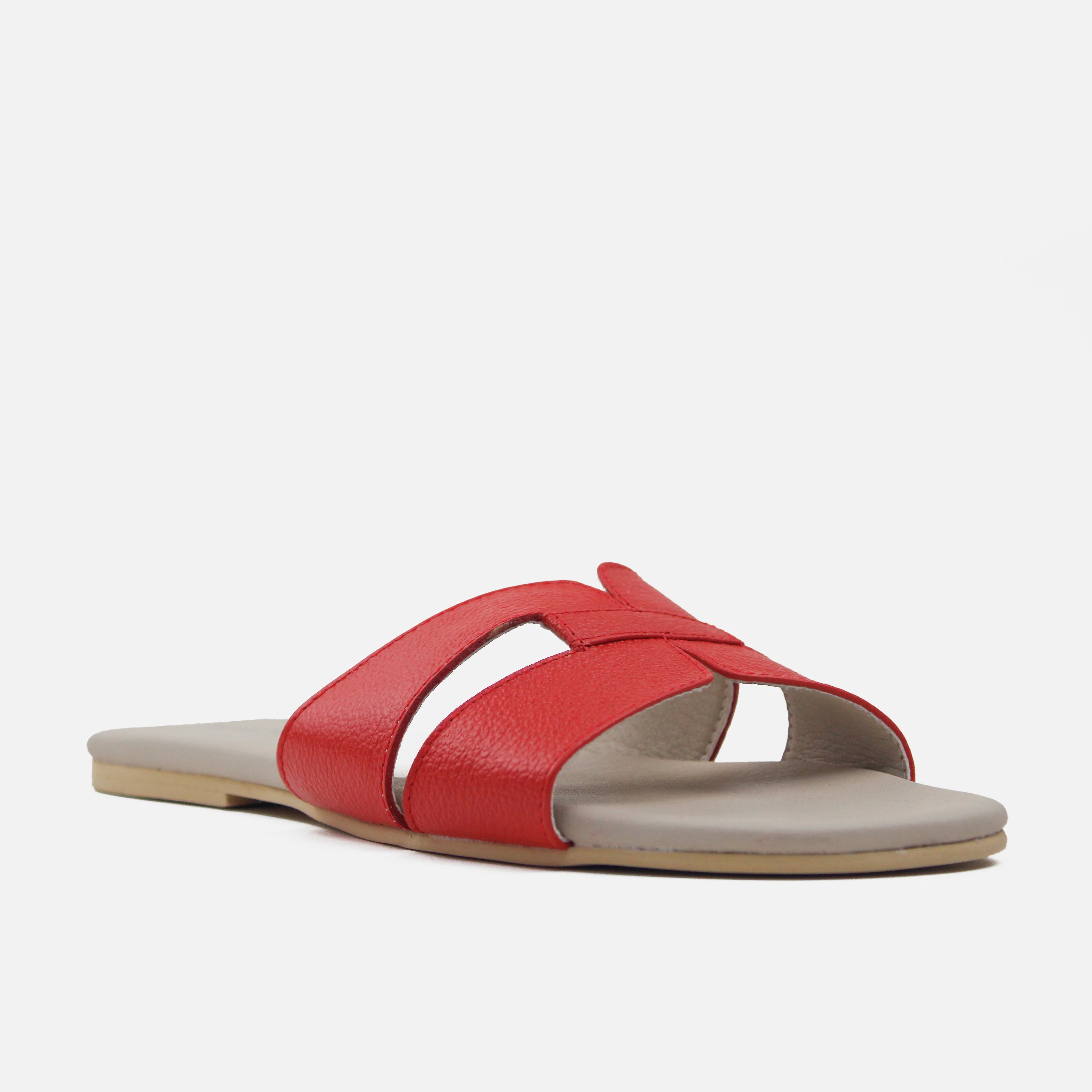 Sandalia plana lyon de cuero para mujer Rojo