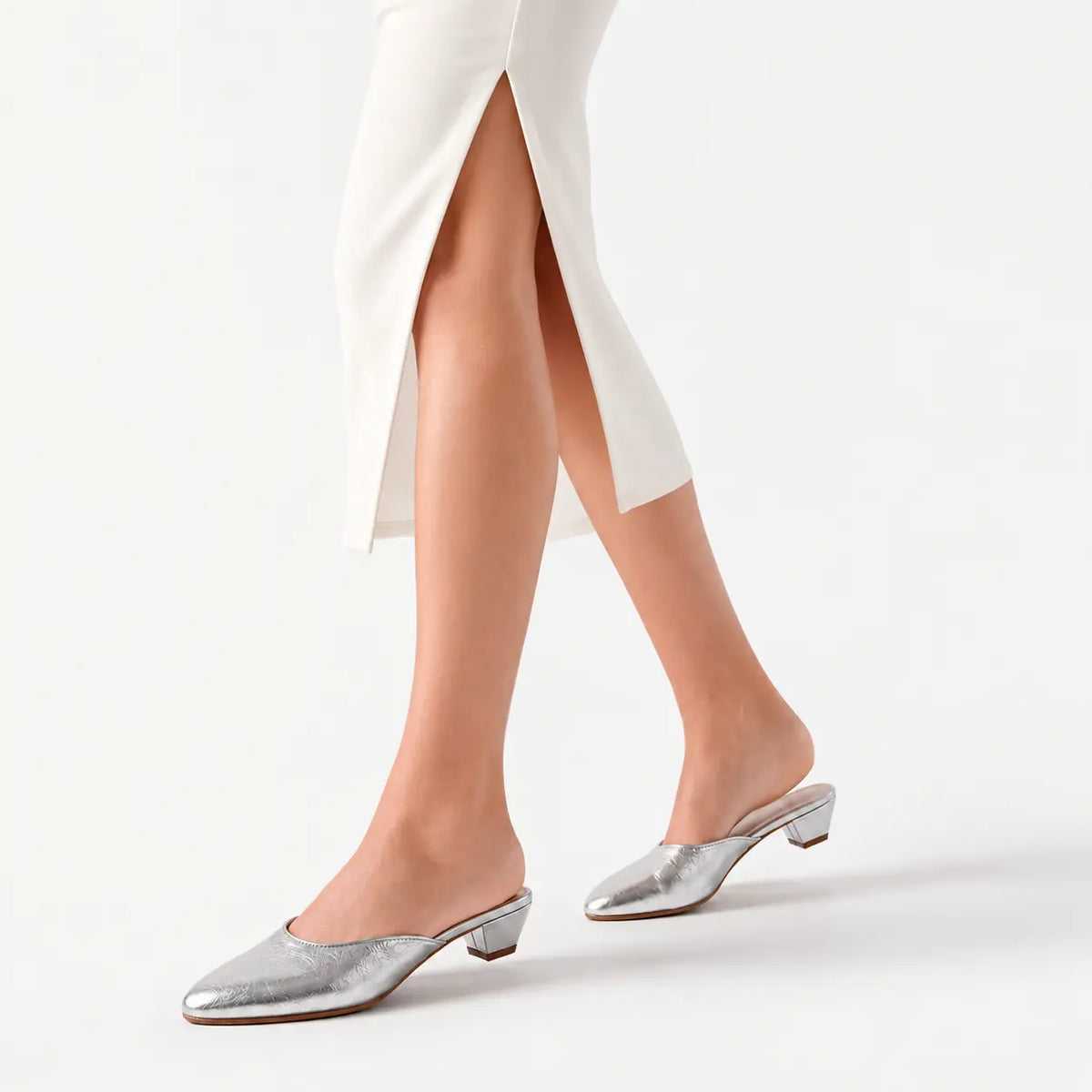 Zueco tacon oriana de cuero para mujer - Plateado