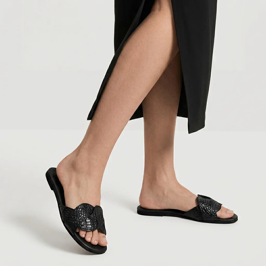 Sandalia plana sierra de cuero para mujer - Negro