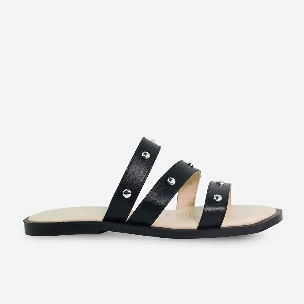 Sandalia plana lila de cuero para mujer - Negro