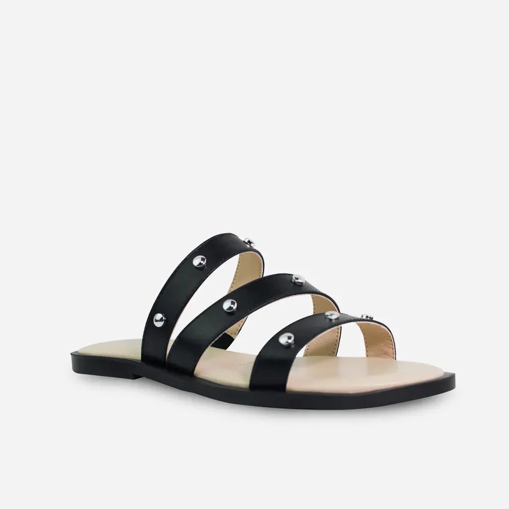 Sandalia plana lila de cuero para mujer - Negro