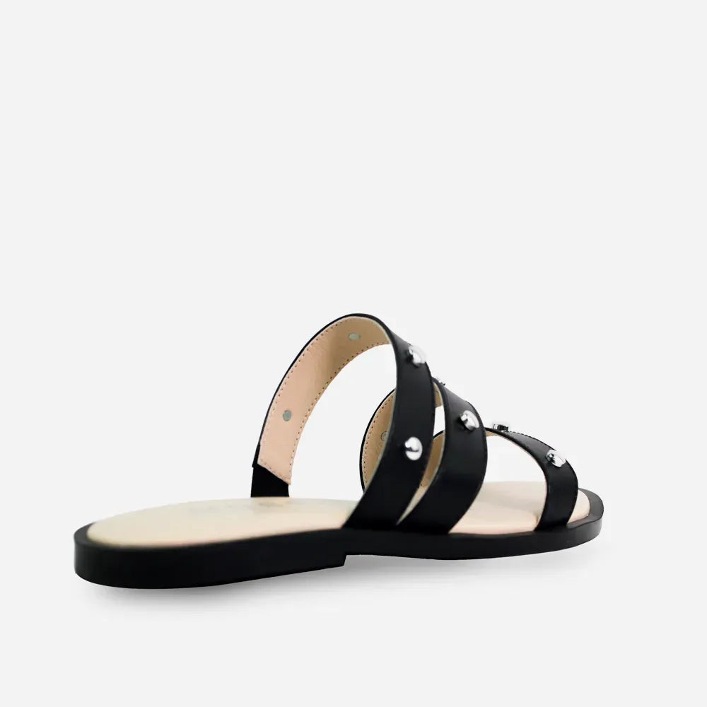 Sandalia plana lila de cuero para mujer - Negro