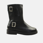 Botin plano motero de cuero para mujer - Negro