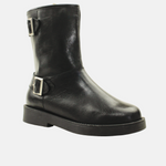Botin plano motero de cuero para mujer - Negro