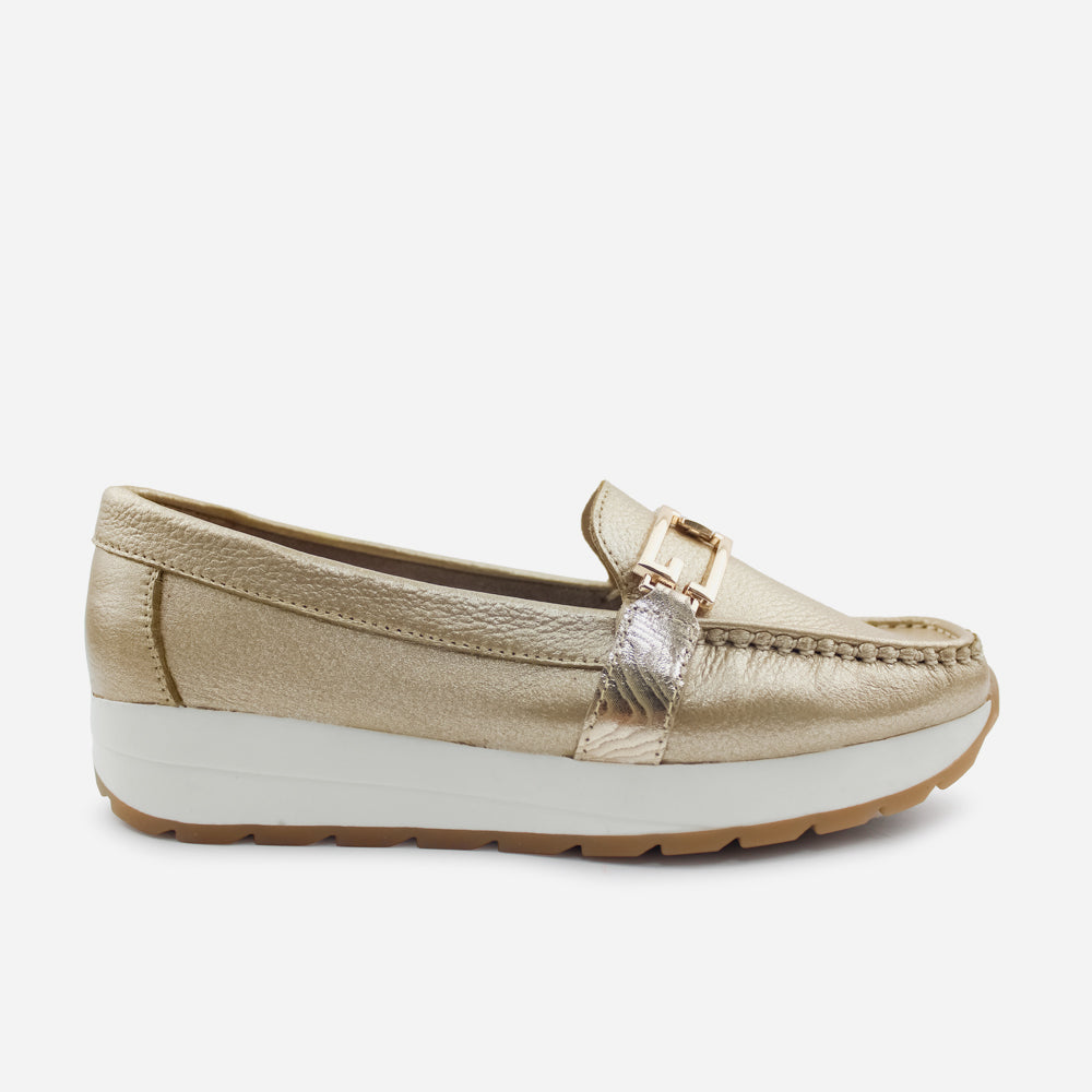 Mocasin plataforma vivienne de cuero para mujer - Oro