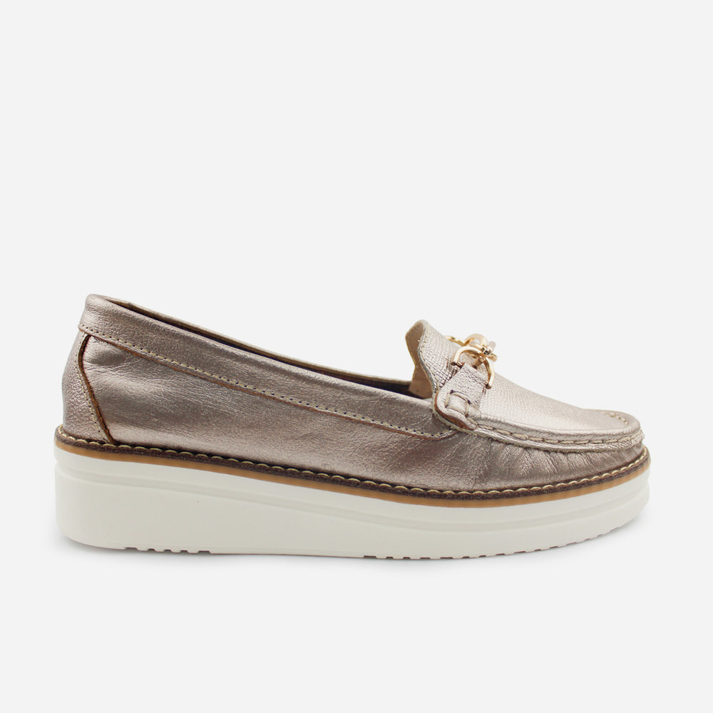Mocasin plataforma camilla de cuero para mujer - Bronce