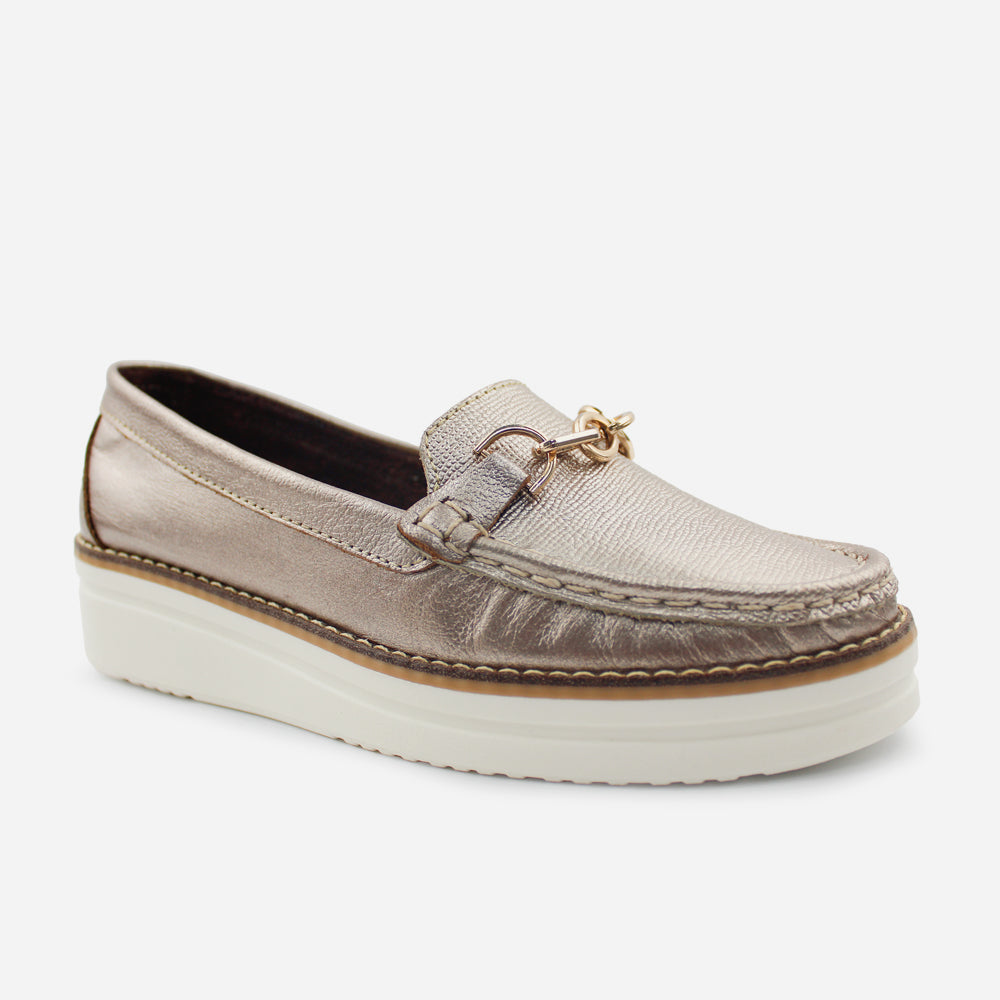 Mocasin plataforma camilla de cuero para mujer - Bronce