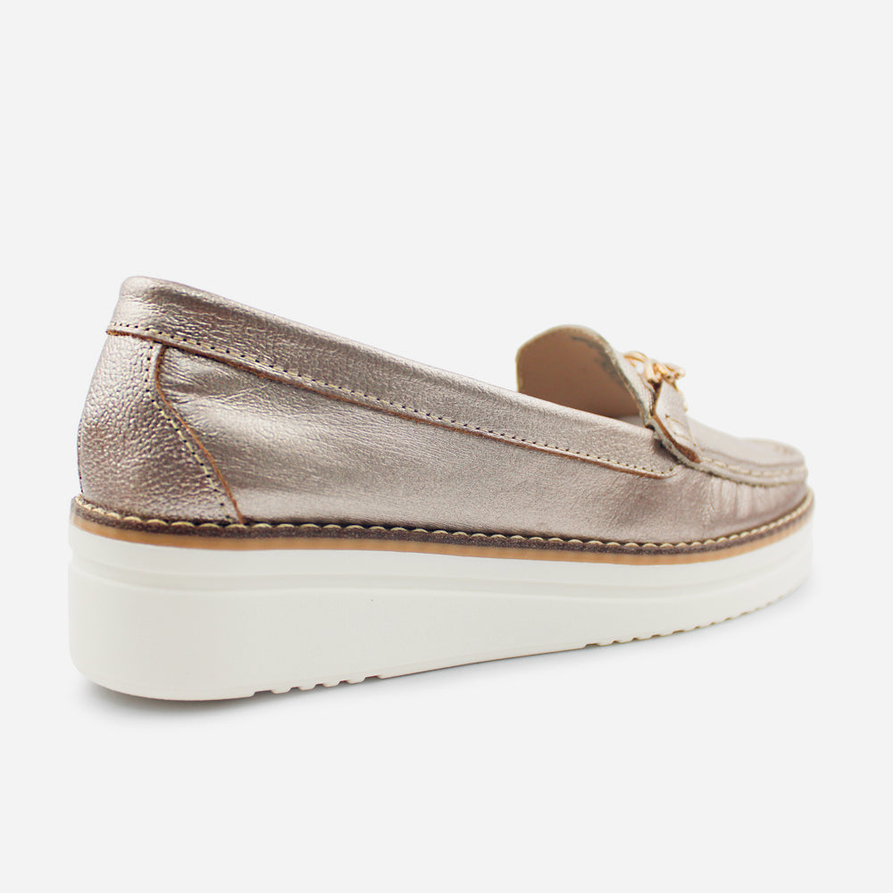 Mocasin plataforma camilla de cuero para mujer - Bronce