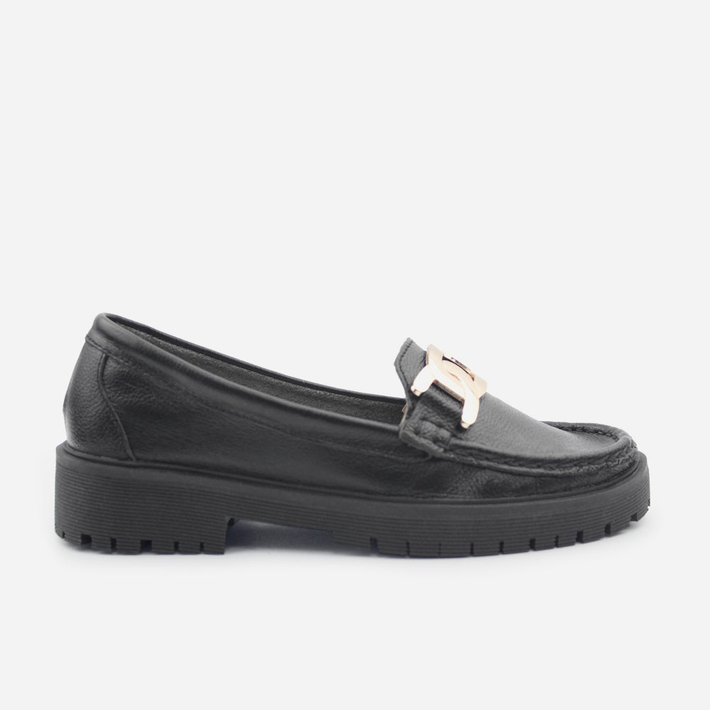 Mocasin tractorado lia de cuero para mujer - Negro