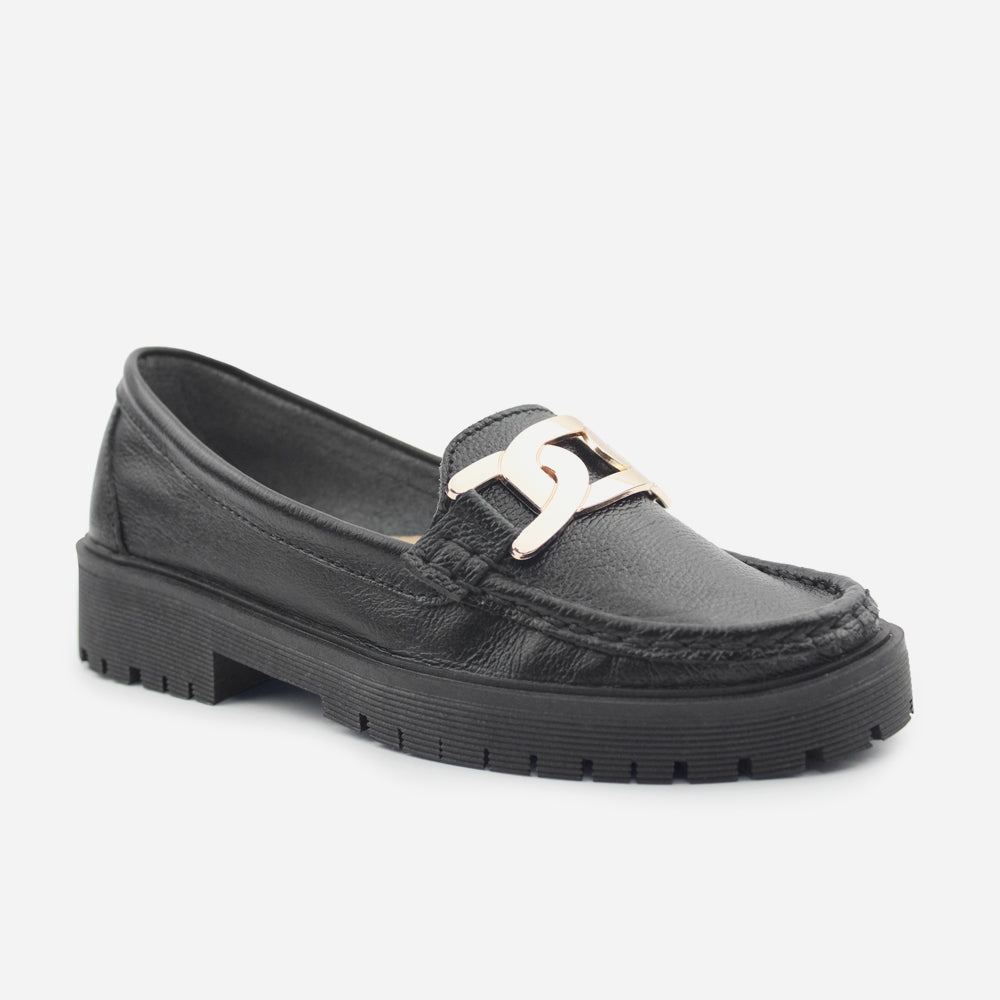 Mocasin tractorado lia de cuero para mujer - Negro