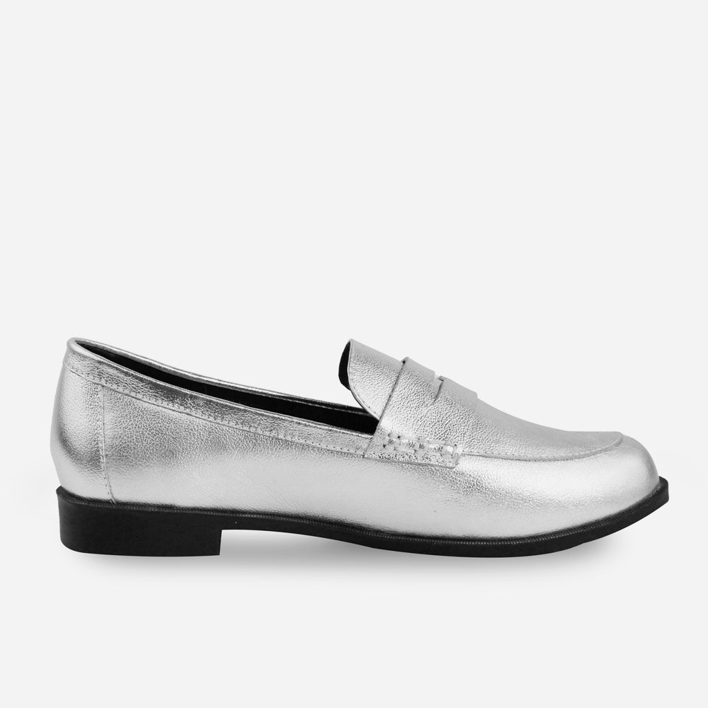 Mocasin plano cecilia de cuero para mujer - Plata