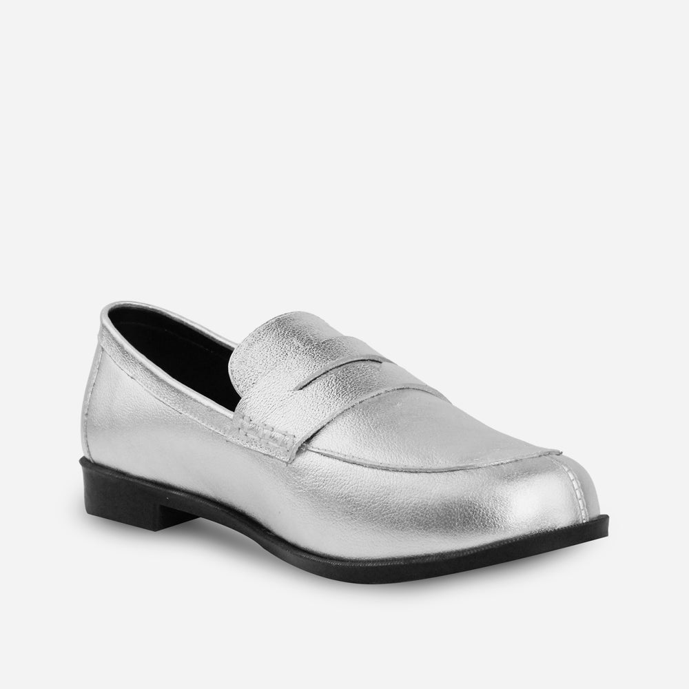 Mocasin plano cecilia de cuero para mujer - Plata
