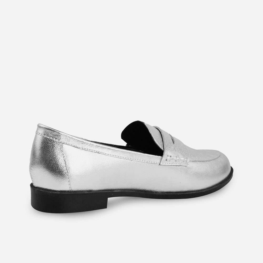 Mocasin plano cecilia de cuero para mujer - Plata