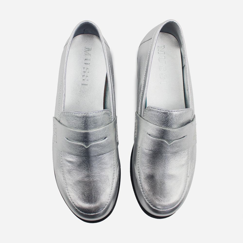Mocasin plano cecilia de cuero para mujer - Plata