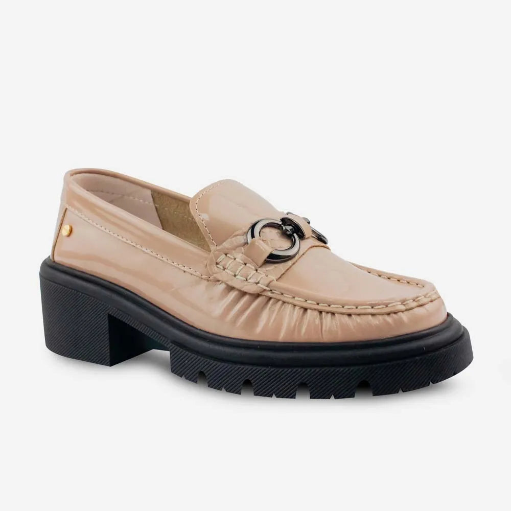 Mocasin tractorado floral de cuero para mujer - Taupe