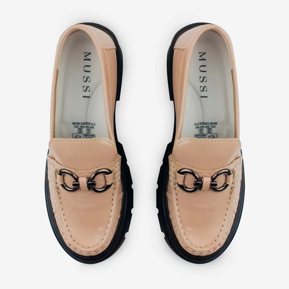 Mocasin tractorado floral de cuero para mujer - Taupe