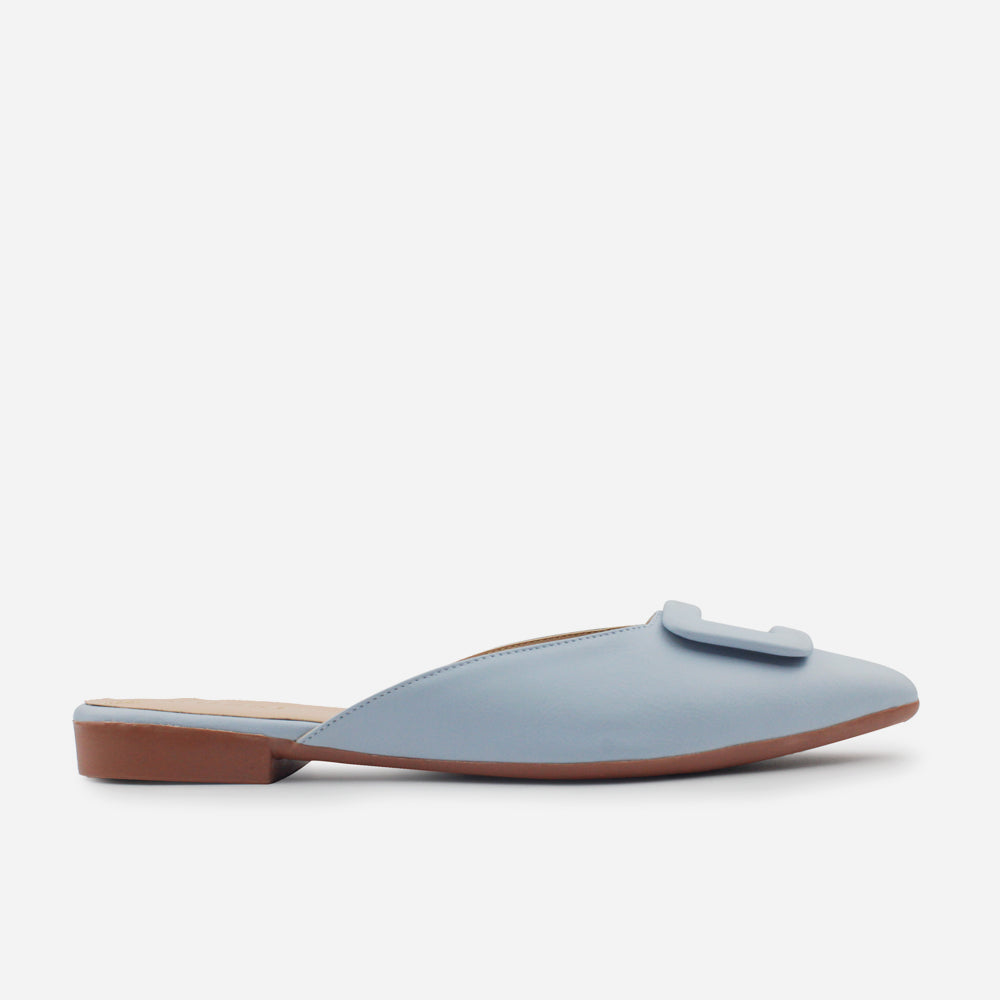 Zueco plano lina de cuero para mujer - Celeste