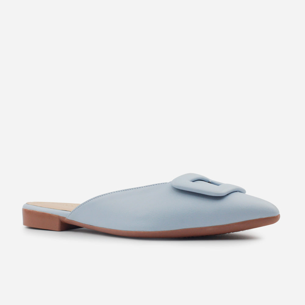 Zueco plano lina de cuero para mujer - Celeste