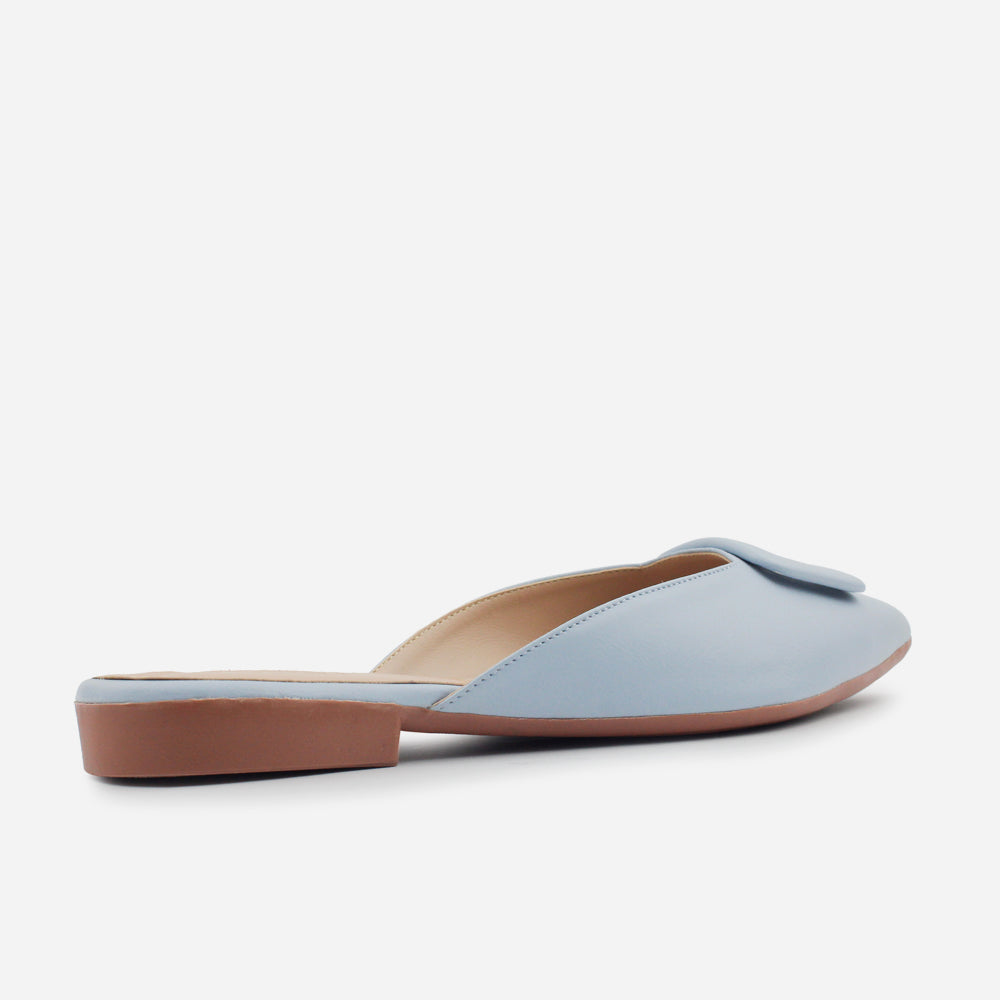 Zueco plano lina de cuero para mujer - Celeste
