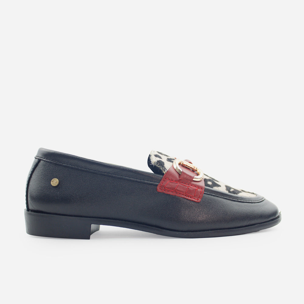 Mocasin plano rubiela de cuero carnaza para mujer - Negro