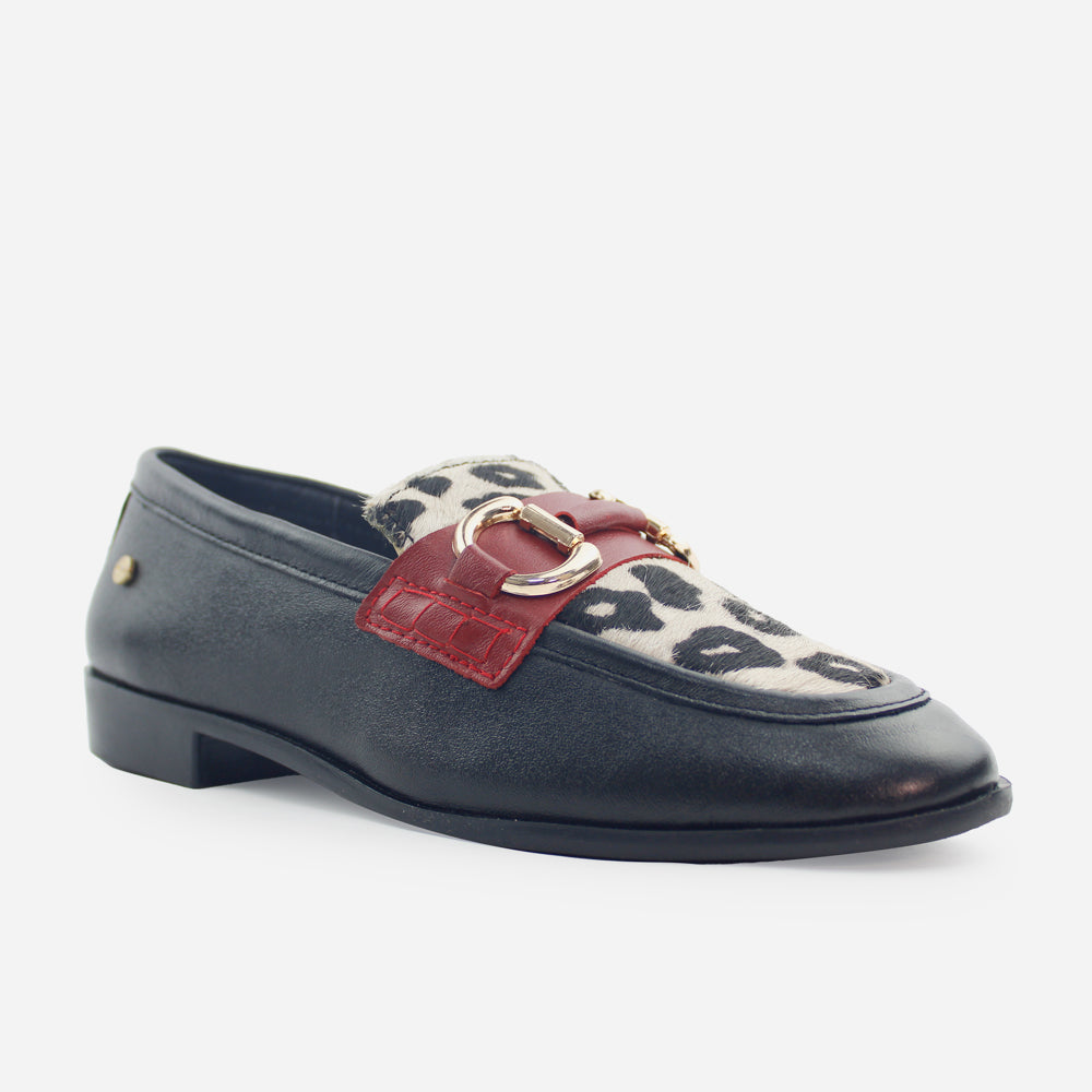 Mocasin plano rubiela de cuero carnaza para mujer - Negro