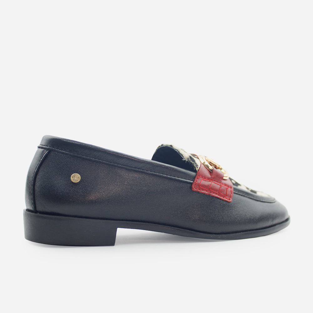Mocasin plano rubiela de cuero carnaza para mujer - Negro
