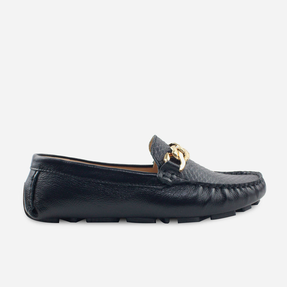 Mocasin plano bettie de cuero para mujer - Negro