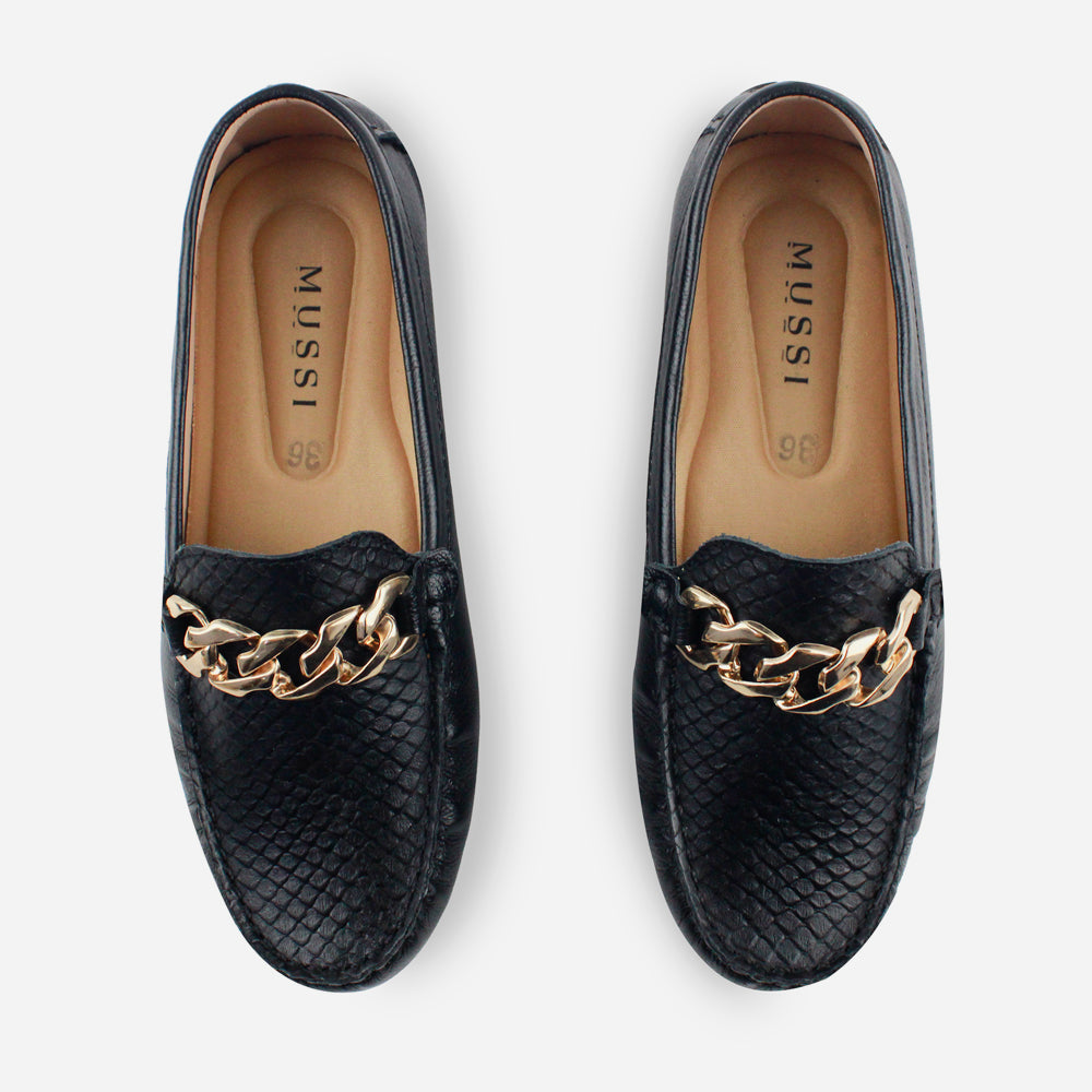 Mocasin plano bettie de cuero para mujer - Negro