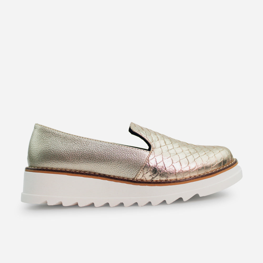 Mocasin plataforma viola de cuero para mujer - Oro
