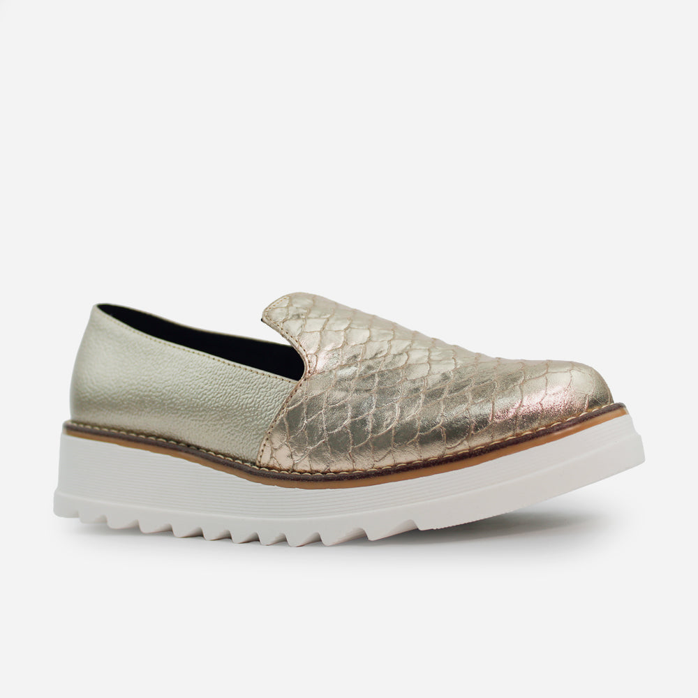 Mocasin plataforma viola de cuero para mujer - Oro
