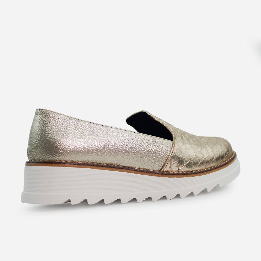 Mocasin plataforma viola de cuero para mujer - Oro