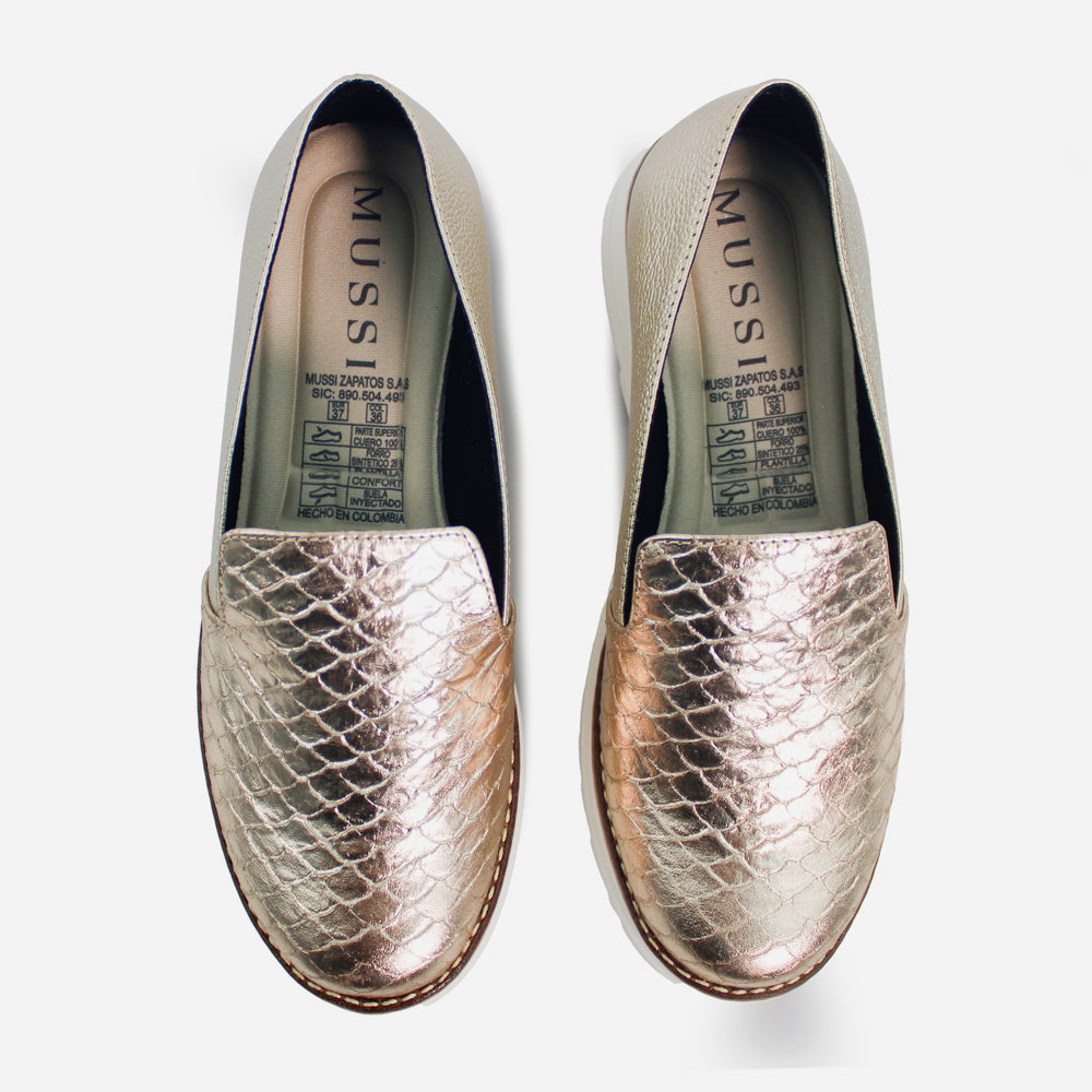 Mocasin plataforma viola de cuero para mujer - Oro