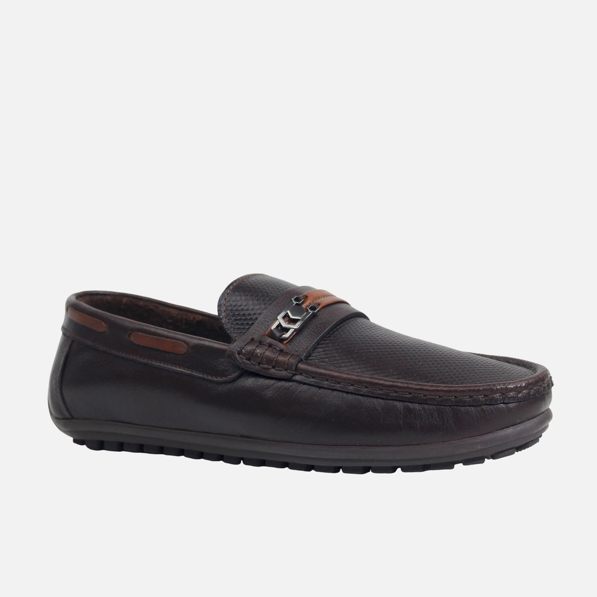 Mocasin plano viola de cuero para hombre - Café