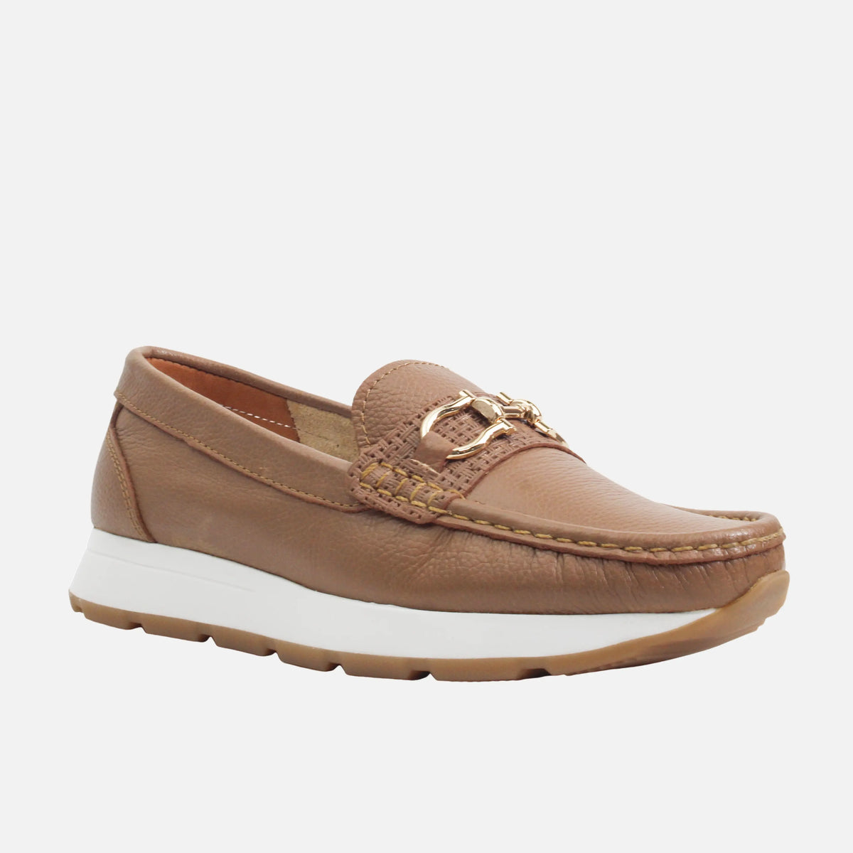 Mocasin plano roven de cuero para mujer - Almendra